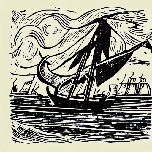 Prompt: linocut illustration of a giant squid attacking an old sailing ship