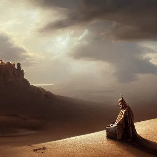 Prompt: a man with a crown on his head, dressed in a robe, sitting on a throne, in the desert, in the background a thunderstorm, by greg rutkowski, digital art, epic, 8 k, hyperdetalied, cgsociety,