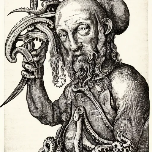 Prompt: A British colonial soldier with an octopus head in the style of Albrecht Dürer, engraving, ink, black and white, 17th century