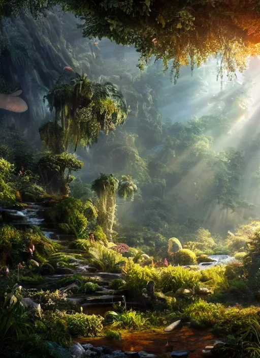 Image similar to beauteous sumptuous, with incredible indirect soft cinematic lighting, garden of eden, crystalline masterpiece incrustations, hyperdetailed features, movie still, intricate, octane render, cinematic forest lighting, unreal engine, crepuscular rays, god rays