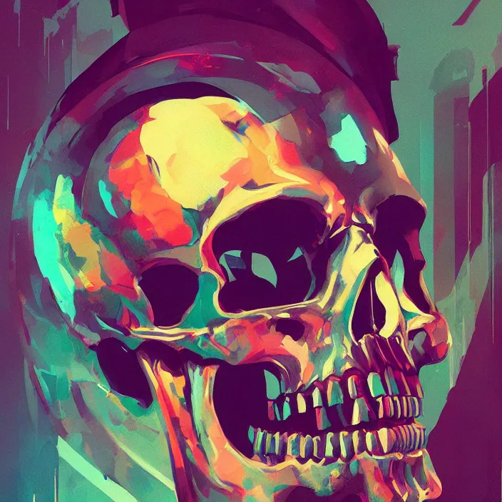 Image similar to a colorful comic noir illustration painting of a cyberpunk skull by sergey kolesov and artgerm and pascal blanche. in style of digital art, symmetry, sci fi, hyper detailed. octane render. trending on artstation