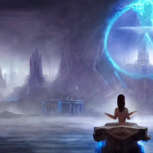 Image similar to concept art trending on art station detailed matte painting of a mystical being meditation in Atlantis city , dramatic, 8k, digital art, aesthetic