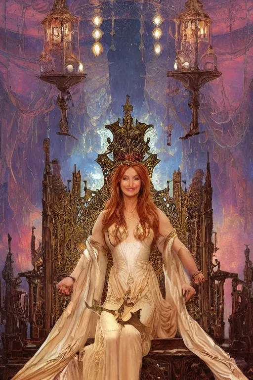 Prompt: Queen Jane Seymour sitting on a throne, fantasy, intricate, beautiful lighting, by Stanley Artgerm Lau, greg rutkowski, thomas kindkade, alphonse mucha, loish, norman Rockwell