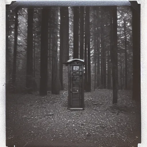 Image similar to a phone booth in the middle of a forest at night, dark, foggy, eerie, creepy, unsettling, lost footage, old polaroid, expired film,