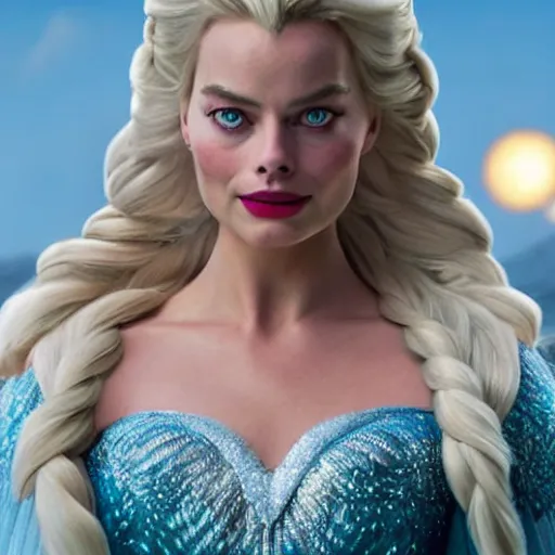 Image similar to Margot Robbie as Elsa in disney frozen live action, 8k full HD photo, cinematic lighting, anatomically correct, oscar award winning, action filled, correct eye placement,