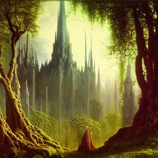 Prompt: a beautiful and highly detailed matte painting of an elven cathedral in a magical celtic forest, otherworldly trees and plants and flowers, detailed spires, by caspar friedrich, albert bierstadt, james gurney, brian froud,