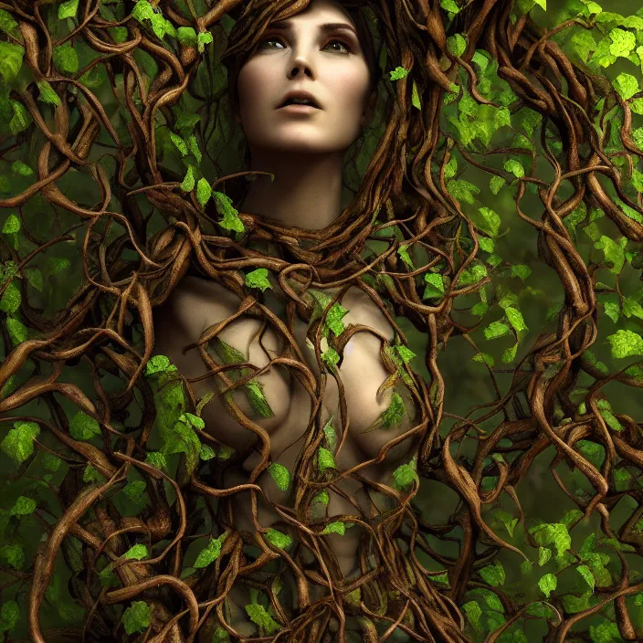 Image similar to female dryad standing, entwined by vines and roots, dark forest, surreal, light shining through, hyper - realistic, highly detailed, sharp focus, smooth, intricate, octane render