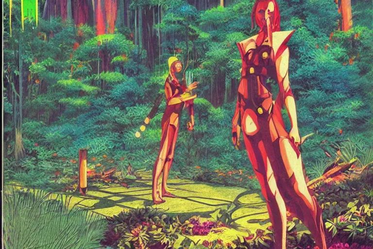 Prompt: 1979 OMNI Magazine Cover of a nature Druid elf At a Garden park in Neo-Tokyo in cyberpunk style by Vincent Di Fate