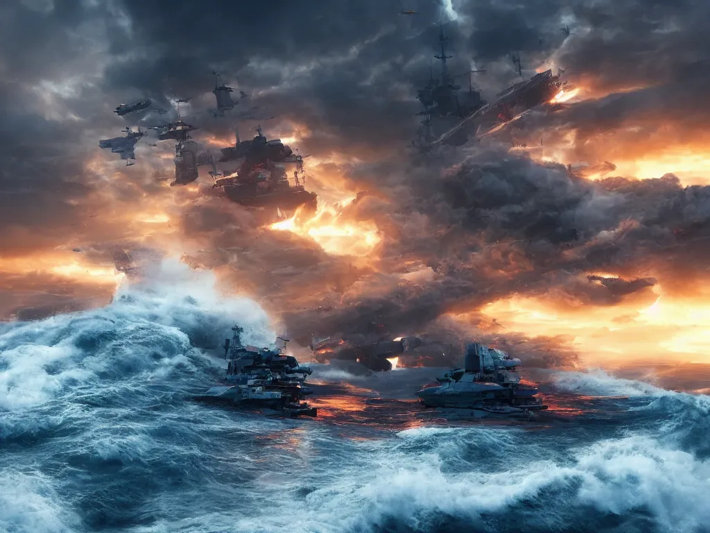 Image similar to breaking apart crashing damaged and on fire mecha battleship sailing alone on a stormy sea at sunset,large waves, explosions, battletech, octane render , aerial photo, cinematic