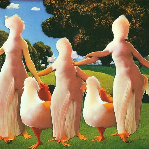 Image similar to seven chickens in dresses, maxfield Parrish