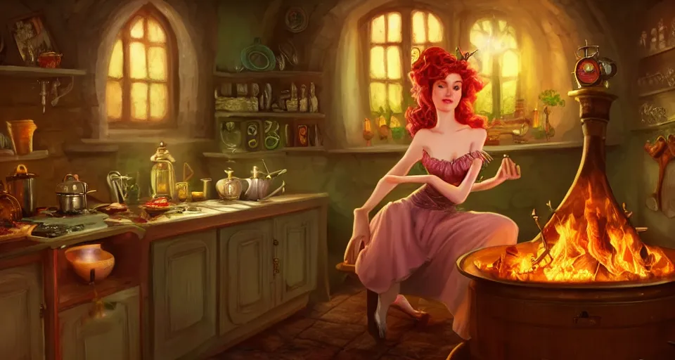 Image similar to a close - up of a fairy in a vintage magical kitchen, with a fireplace in the background d & d, fantasy, intricate, elegant, digital painting, artstation, concept art, smooth, sharp focus, sticker illustration