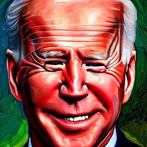 Prompt: Highly detailed close-up painting of President Joe Biden’s face, slight smirk, single tear rolling down his cheek, dark background, reflection of fire in his eyes, oil on canvas, painting by Chuck Close in the style of Hans Memling