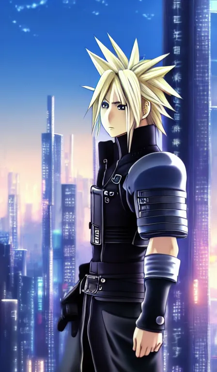 Prompt: anime fine details portrait of Cloud Strife in front of cyberpunk moder city landscape on the background deep bokeh, close-up view, anime masterpiece by Studio Ghibli. 8k, sharp high quality anime, artstation