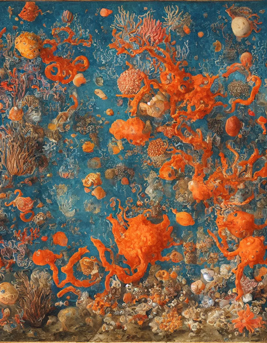 Prompt: bottle vase of coral under the sea decorated with a dense field of stylized scrolls that have opaque outlines enclosing mottled blue washes, with orange shells, purple fishes and siphonophores, Ambrosius Bosschaert the Elder, oil on canvas, hyperrealism, around the edges there are no objects