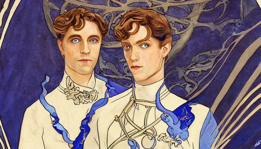 Image similar to art nouveau portrait of prince paul atreides with shining blue eyes