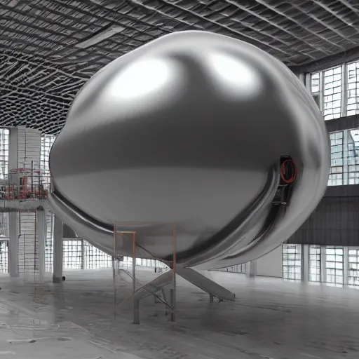 Image similar to big metallic capsule connected to pipelines, purpose is pump, standing in large industrial hall, designed by best engineers, raytracing, reflections