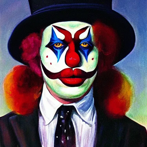 Prompt: a fine art portrait of boris john wearing a clown suit with face paint. in the style of edward hopper, richard hamilton and stanley kubrick.