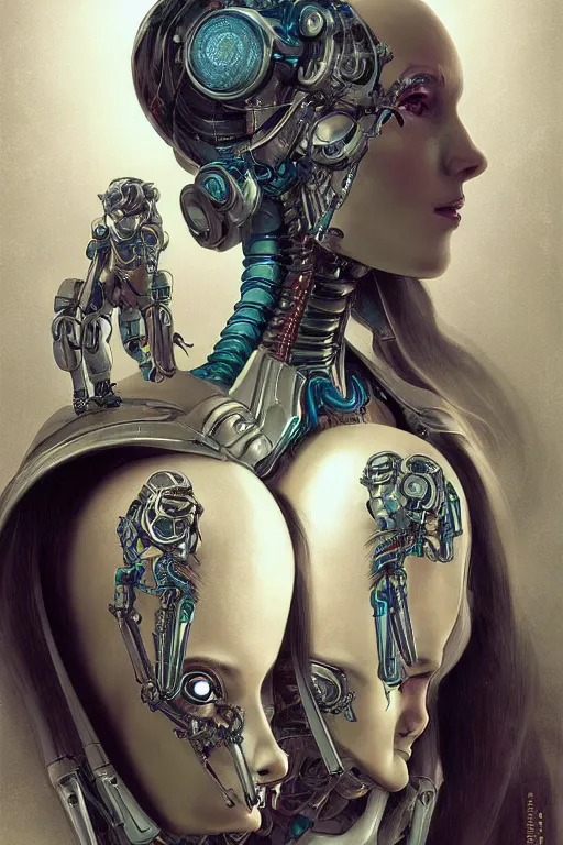 Image similar to twin Alien Robot concubines, facial tattoos, artists portrait, biomechanical, oppai, fantasy, highly detailed, photograph, concept art, sharp focus, depth of field blur, Mandelbrot fractal, art by artgerm and greg rutkowski and alphonse mucha and trevor brown