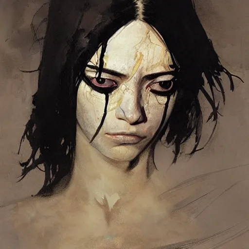 Image similar to alita crying and decaying into dust realistic illustration, intricate, elegant, highly detailed, greg manchess, mucha, liepke, ruan jia, jeffrey catherine jones, ridley scott