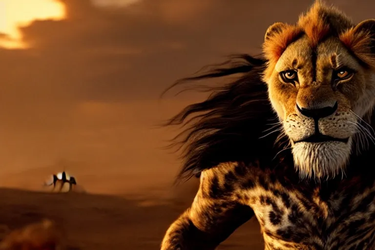 Prompt: scar ( from the lion king ), heavily armed and armored facing down armageddon in a dark and gritty version from the makers of mad max : fury road : witness me