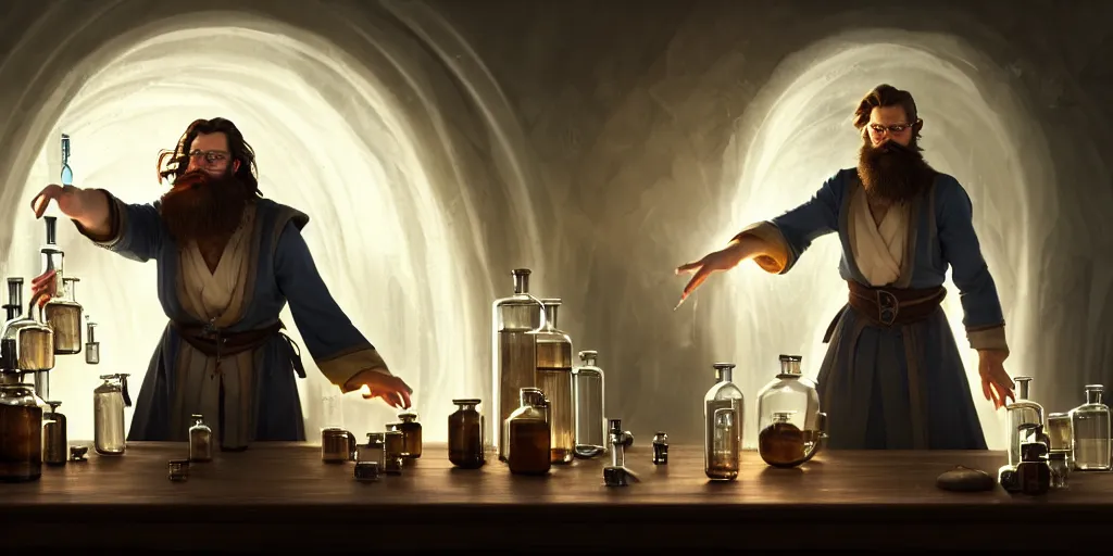 Prompt: a handsome bearded caucasian male sorcerer with brown hair he is casting a spell with flowing energy, he is in a alchemist lab filled with beakers and equipment, neutral pose, epic composition, 4 k, light rays, by dave melvin 3. 0 | dan luvisi 1. 0 | greg rutkowski 2. 5