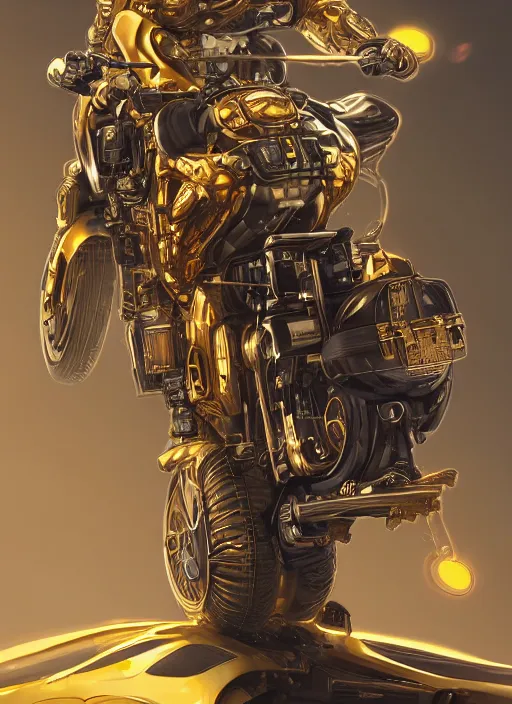 Prompt: golden scooter, cyberpunk, au naturel, hyper detailed, digital art, trending in artstation, cinematic lighting, studio quality, smooth render, unreal engine 5 rendered, octane rendered, art style by klimt and nixeu and ian sprigger and wlop and krenz cushart