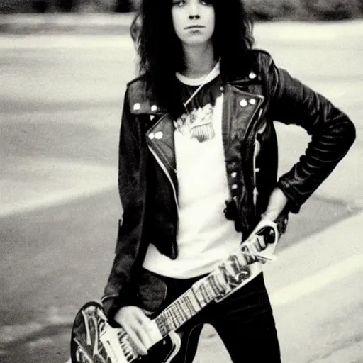 Image similar to 19-year-old girl, thick black shaggy hair, wearing leather jacket and denim jeans, holding electric guitar, stoner rock, super 8mm, 1973