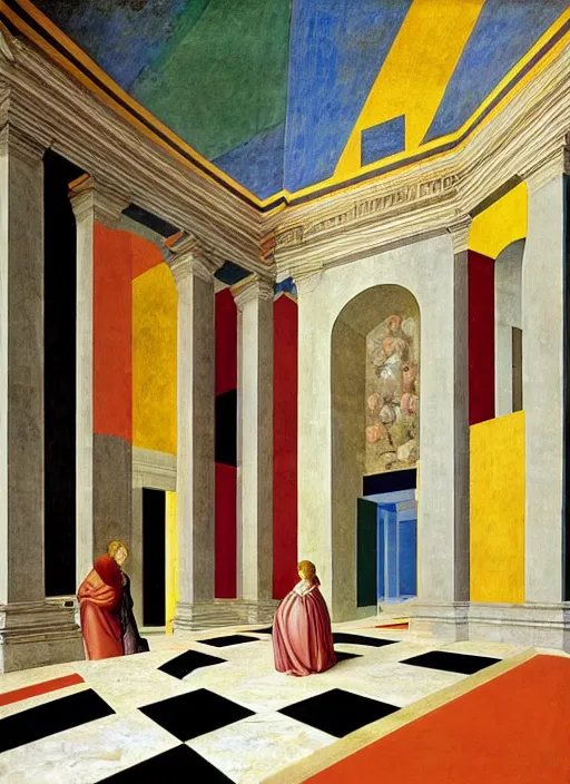 Prompt: renaissance painting of a room in central perspective marble checkered floor and bright colors, geometrically precise in the style of piero della francesca, primary colors, happy color palette