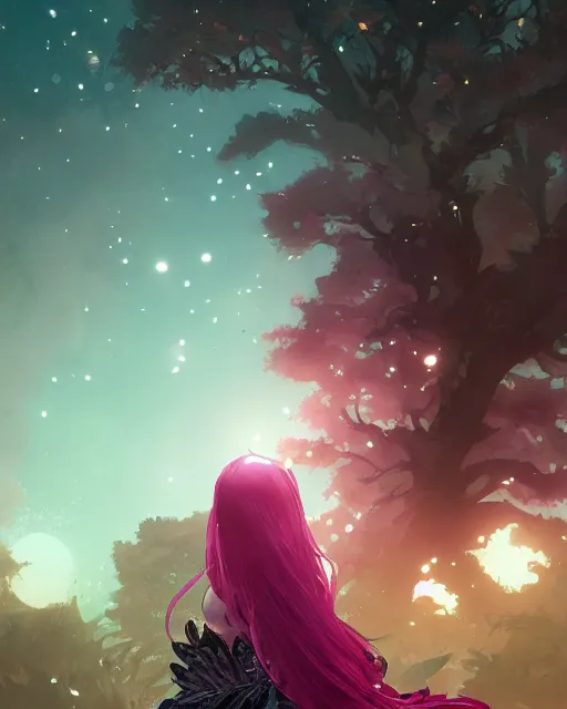 Image similar to a highly detailed image of A beautiful woman basking in the moonlight, with medium length magenta hair, and a tall tree, and large obsidian crystals, cinematic lighting, dramatic atmosphere, by Dustin Nguyen, Akihiko Yoshida, Greg Tocchini, Greg Rutkowski, Cliff Chiang, 4k resolution, trending on artstation