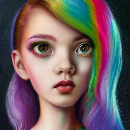 Prompt: an intelligent beautiful young girl with rainbow hair looking at the camera, she has a cute face, intricate, elegant, highly detailed, digital painting, artstation, concept art, smooth, sharp focus, illustration, art by mark ryden 3 d 8 k ultra detailed