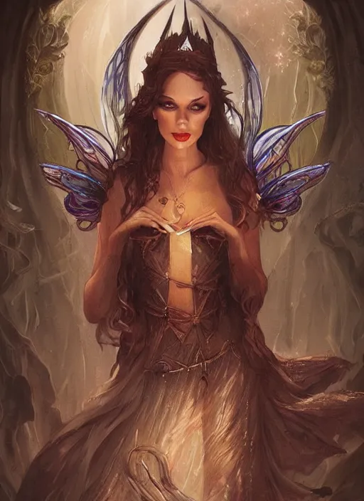 Image similar to tarot!!, fairy queen, fantasy medieval, no noise, elegant, concept art, sharp focus, beautiful face!!, digital art, smooth defined outlines!!, by Brom, trending on Artstation, Tom Bagshaw, Sargent