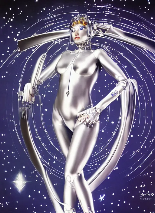 Prompt: Robotic beautiful Priestess posing in front of the stars by Hajime Sorayama, ultra detailed, beksinksi, chrome, dramatic lighting