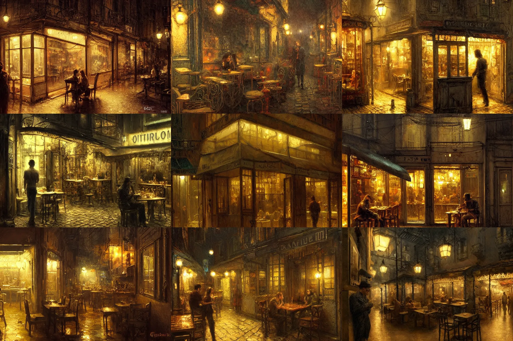 Prompt: Inside intricate small cafe at night in lisbon, moody scene, highly detailed, intricate, sharp details, dystopian mood, 1950 scene by gaston bussiere, craig mullins, somber lighting, drawn by Giacomo Burattini, inspired by graphic novel cover art, hyperrealistic, 8k by RHADS