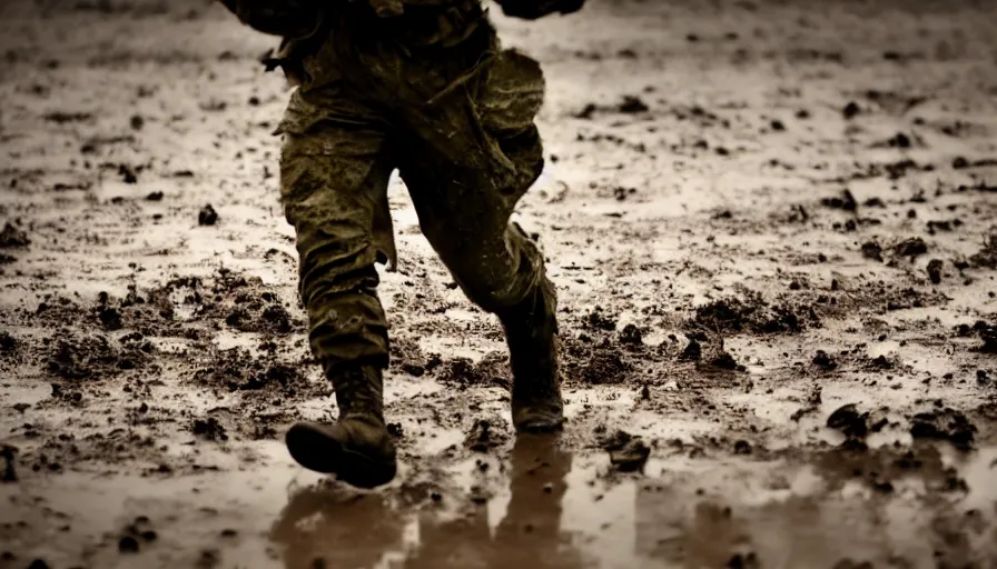 Image similar to screaming World War 1 soldier running away, wartorn landscape, lots of mud puddles and craters, bullets whizzing past camera, dirty lens, cinematic lighting, IMAX close-up of face, cinematography, 35mm