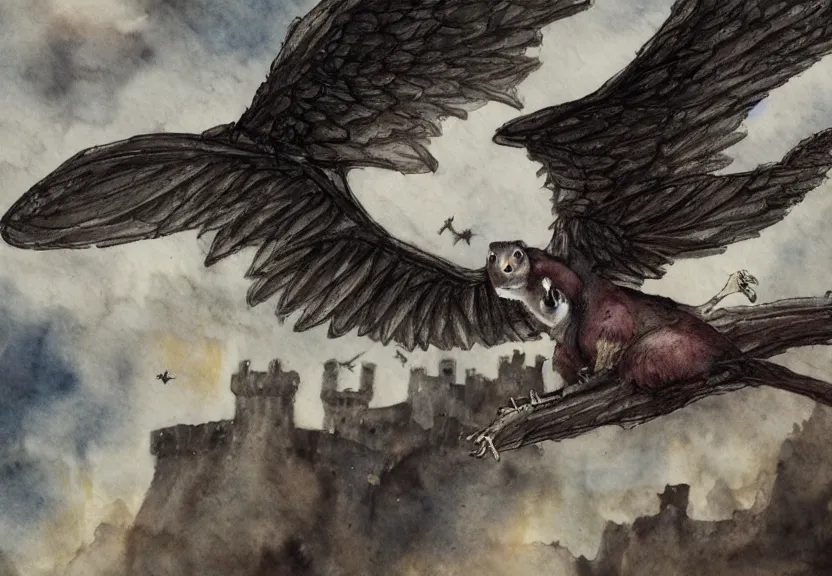 Image similar to epic winged possum flying over a medieval castle under a dark starred sky, dark fantasy, watercolor, dreaming illusion, highly detailed, 4k, trending on Artstation, award-winning