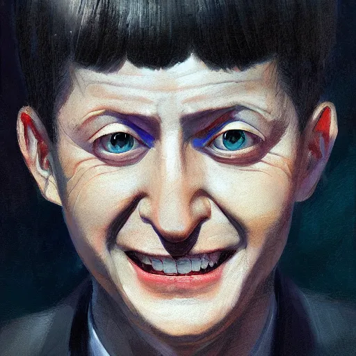 Image similar to hyper realistic, surreal, portrait of mob psycho smiling, shigeo kageyama painted by greg rutkowski, wlop, loish,