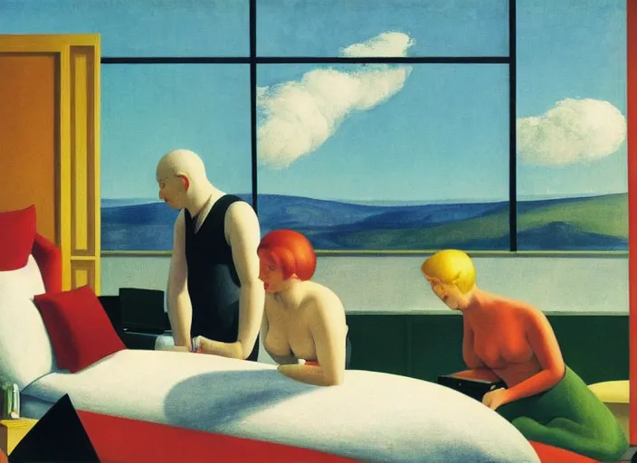 Image similar to three people interacting in a hotel room in afternoon light, clouds, bird, open ceiling, strange foreign objects, oil painting by edward hopper, chirico and rene magritte