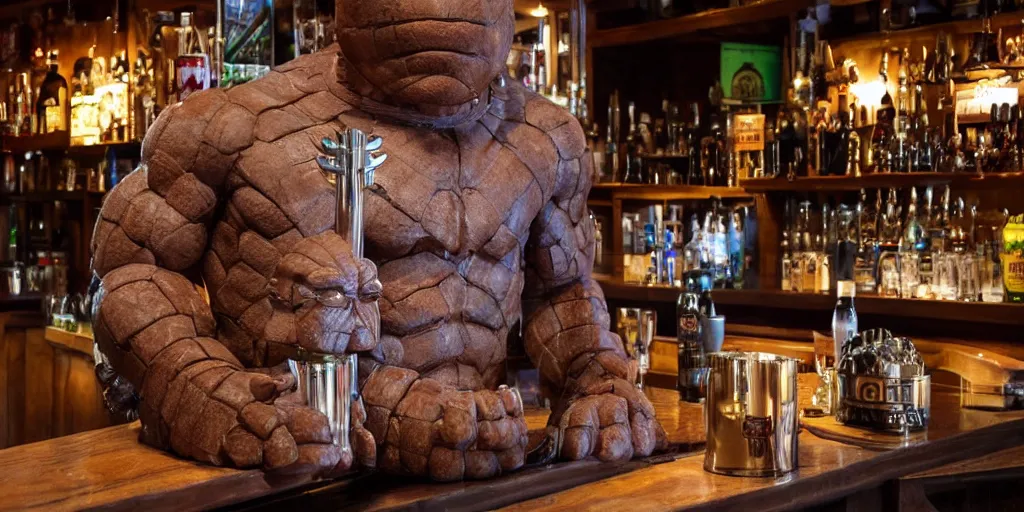 Prompt: phil spencer,, phil spencer, loseup photorealistic photograph of a ben grimm style tiki mug sitting on the bar at trader vic's with the face of ben grimm on it. fantastic four. tiki culture. bright scene. fine detail. this 4 k hd image is trending on artstation, 4 k,