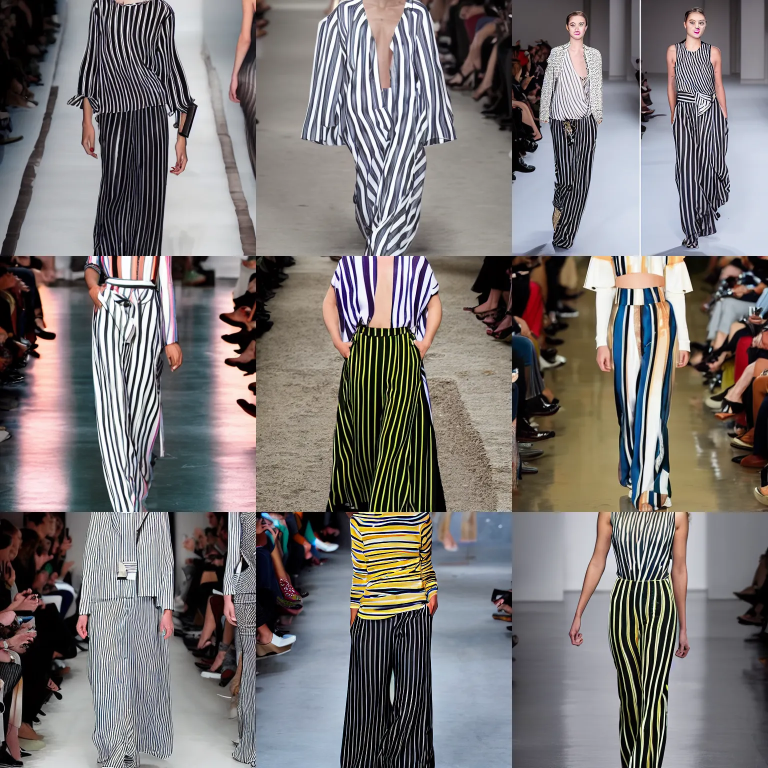 Prompt: high key lighting model wearing vertical stripes and dramatic palazzo pants on the runway. major glow - up. new variations of color give relaxed cuts and structure. couture. high fashion. fashion week