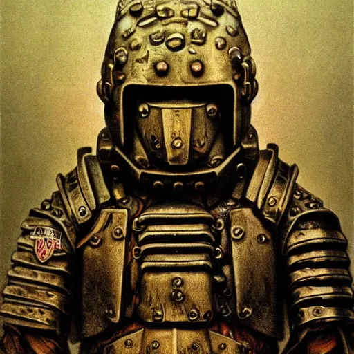 Prompt: terrified samurai with apelike human face and tired eyes :: brutalist Yugoslavian power armor without helmet :: coastal Oregon :: political propaganda by Rembrandt and Beksinski
