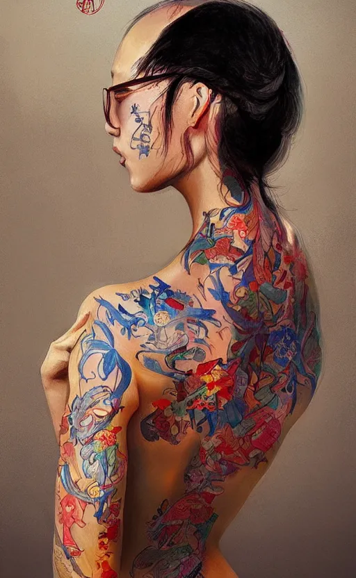 Prompt: Colour Tattoo old chines painting , by WLOP, Rossdraws, James Jean