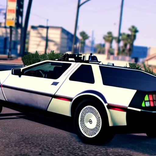 Prompt: flying dmc 1 2 delorean in grand theft auto 5