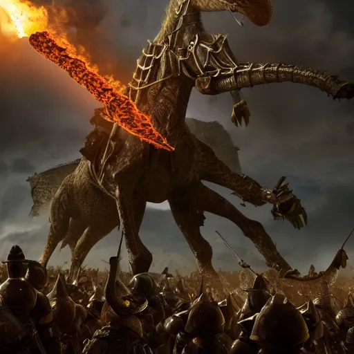 Prompt: a giant fire breathing giraffe wearing intricate battle armor attacking an army of knights, dramatic lighting, highly detailed, photorealistic, cinematic, octane render