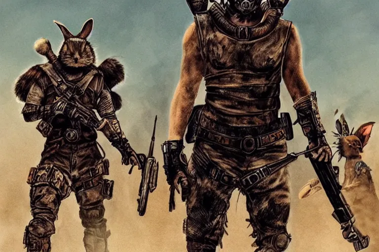 Image similar to a good ol'rabbit fursona ( from the furry fandom ), heavily armed and armored facing down armageddon in a dark and gritty version from the makers of mad max : fury road. witness me.