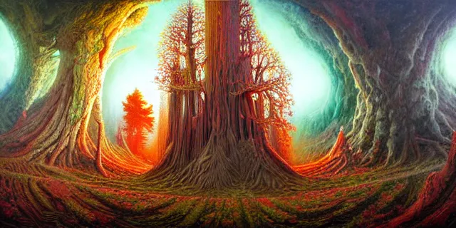 Image similar to painting of redwood tree and redstone labyrinth in the style of nebulapunk by dan seagrave and tomasz alen kopera