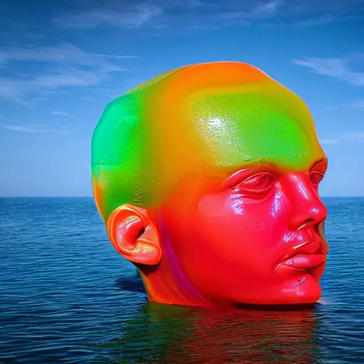 Prompt: a giant human head sculpture in the sea made out of juicy and transparent colorful jelly, long shot, hyper detailed, hyper realistic, ray tracing, 8 k resolution, sharp focus, realistic water, award winning