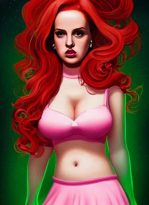 Prompt: full body portrait of teenage cheryl blossom, obese, bangs, green eyes, sultry, realistic, red hair, sultry smirk, wavy hair, pink skirt, obese, intricate, elegant, glowing lights, highly detailed, digital painting, artstation, concept art, smooth, sharp focus, illustration, art by wlop, mars ravelo and greg rutkowski