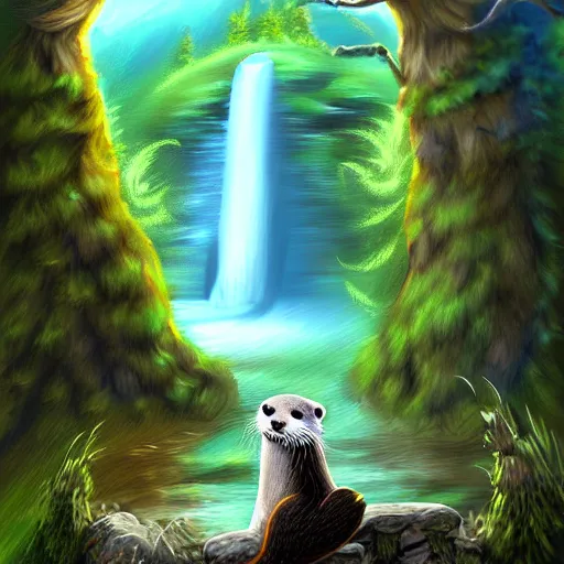 Image similar to furry otter warrior, fantasy art, lightweight armour, near the river, waterfall, digital art, high quality