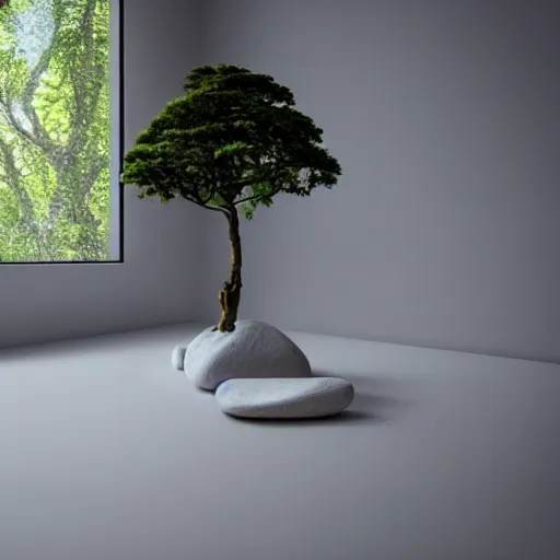 Prompt: white zen clean modern minimalist white room with small rock garden and bonsai tree by peter tarka in an ivory room well contoured smooth fair walls, up close shot, sharp focus, zen, clean, modern minimalist, zaha hadid octane highly render, 4 k, ultra hd,