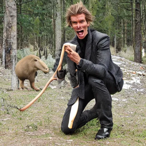 Image similar to Petter Stordalen eating an extinct animal